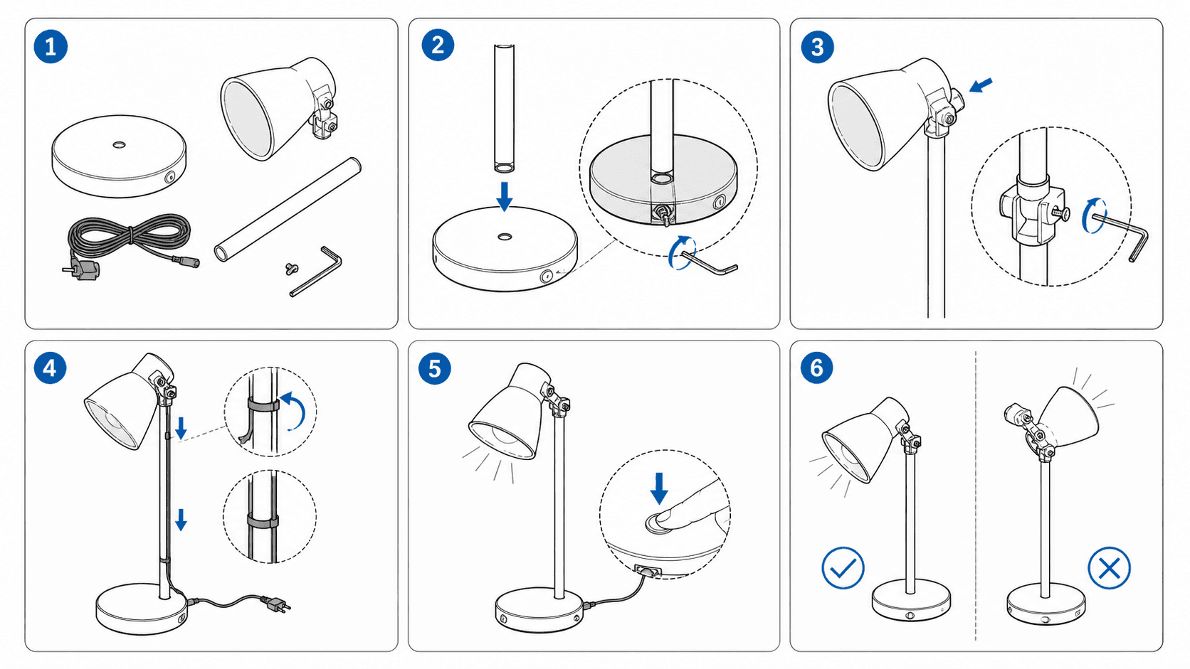 Step-by-step product manual illustration for desk lamp assembly.