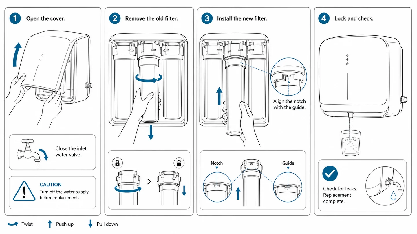 Home appliance manual illustration showing water purifier filter replacement.