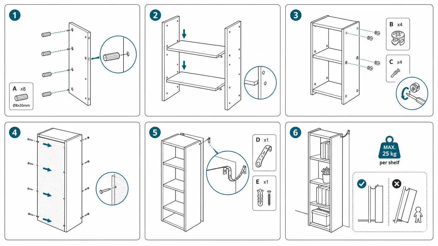 Furniture assembly guide illustration showing bookshelf assembly steps.