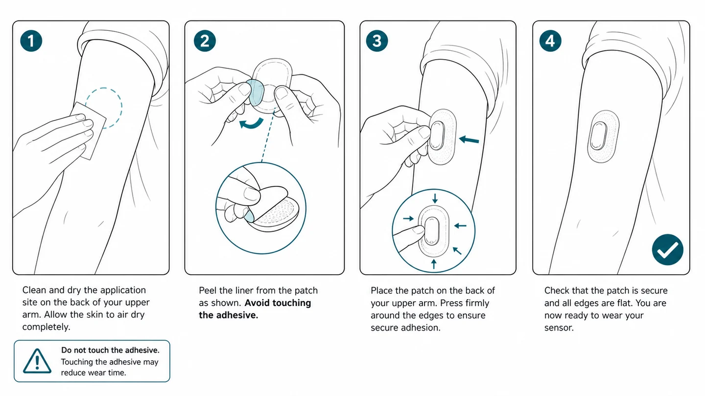 Medical IFU illustration showing wearable sensor patch application steps.
