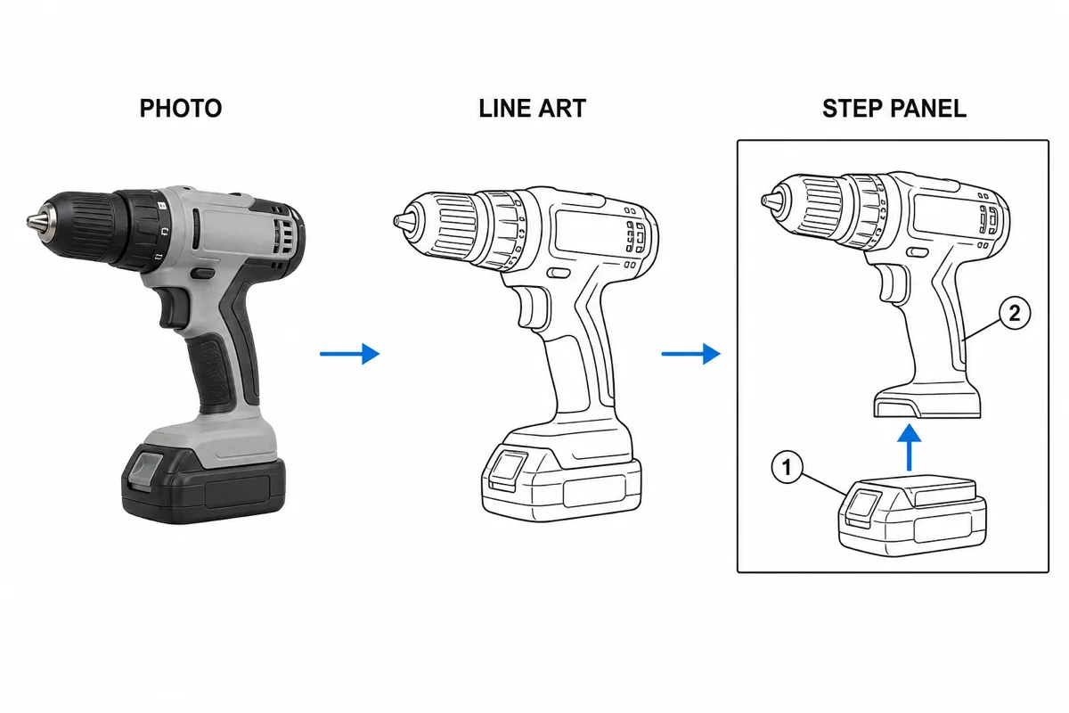 El flujo del generador de manuales con IA: foto de producto, dibujo lineal limpio y panel de paso numerado