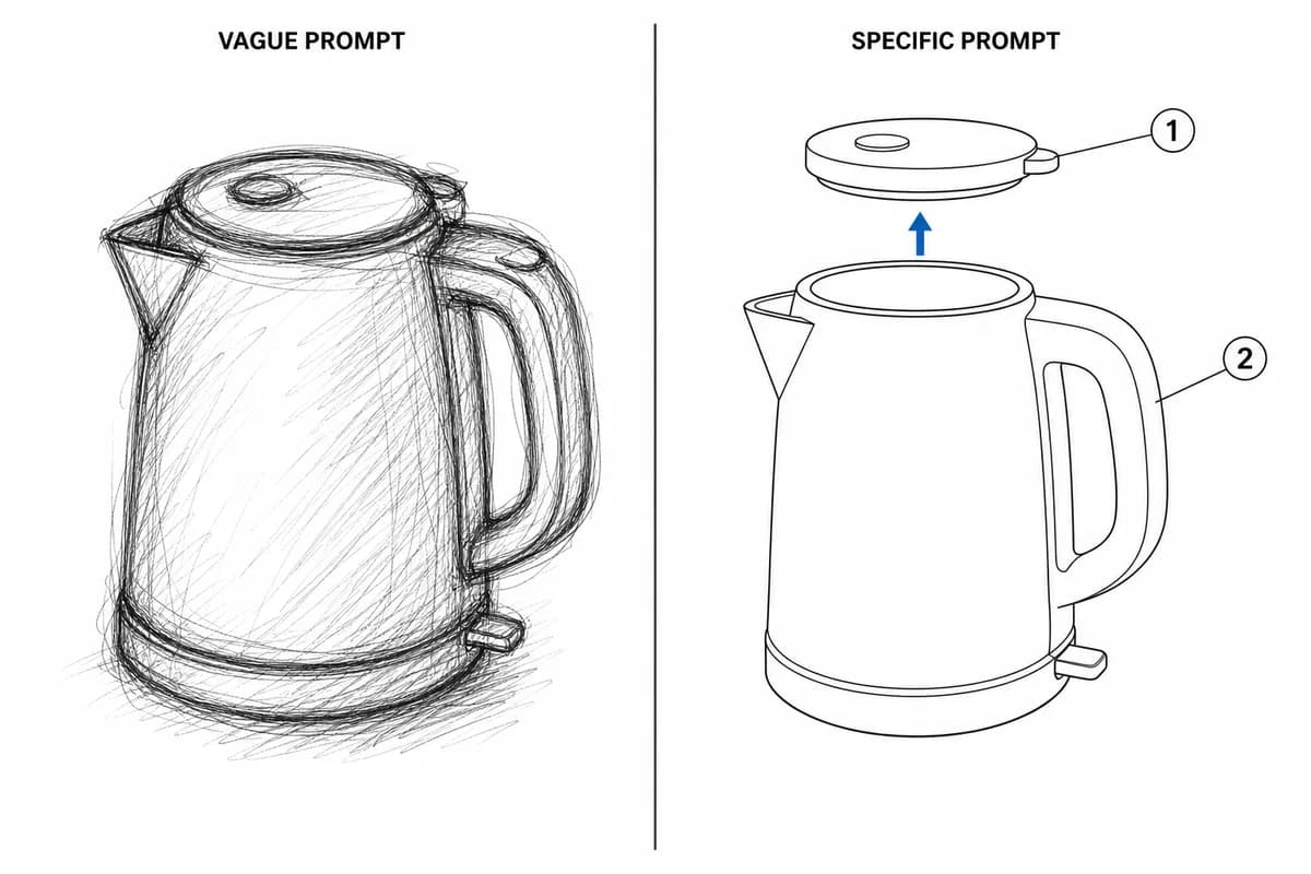 El mismo hervidor generado con un prompt vago como boceto impreciso frente a un prompt específico como dibujo lineal de documentación limpio con llamadas