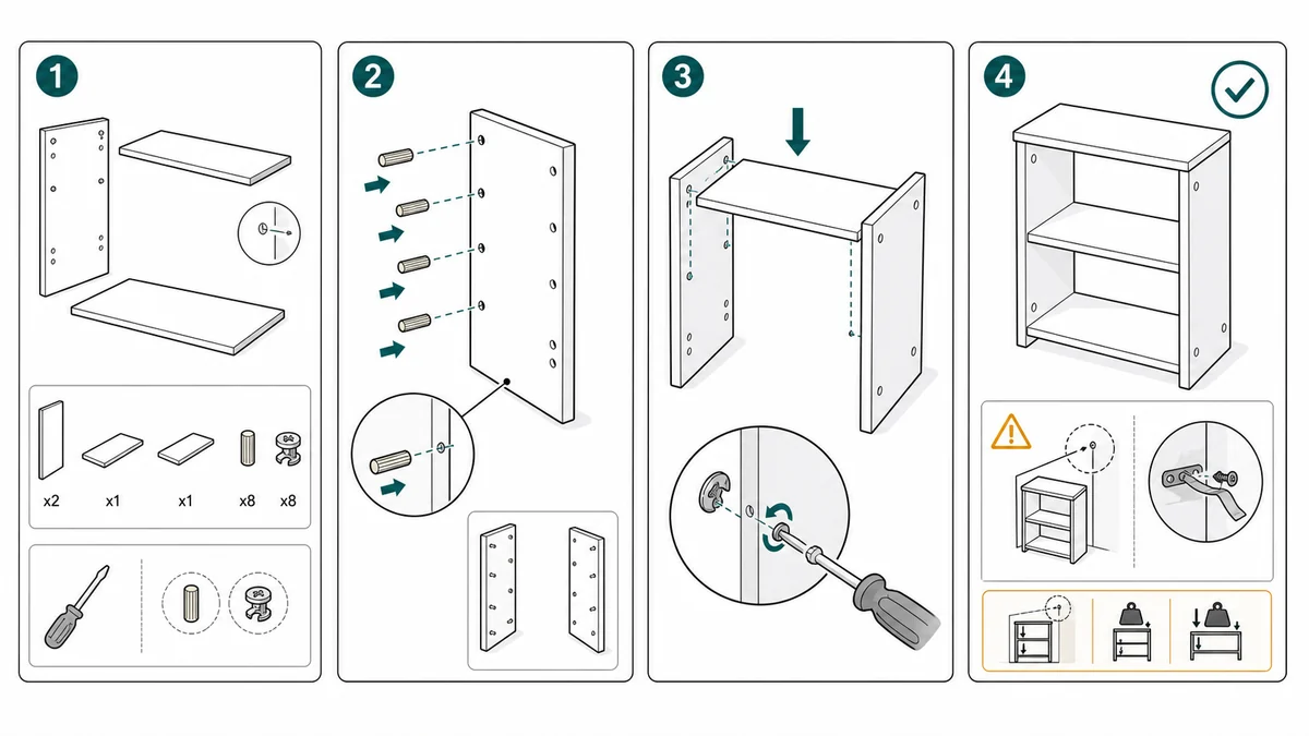 Four-panel shelf assembly instruction drawing example
