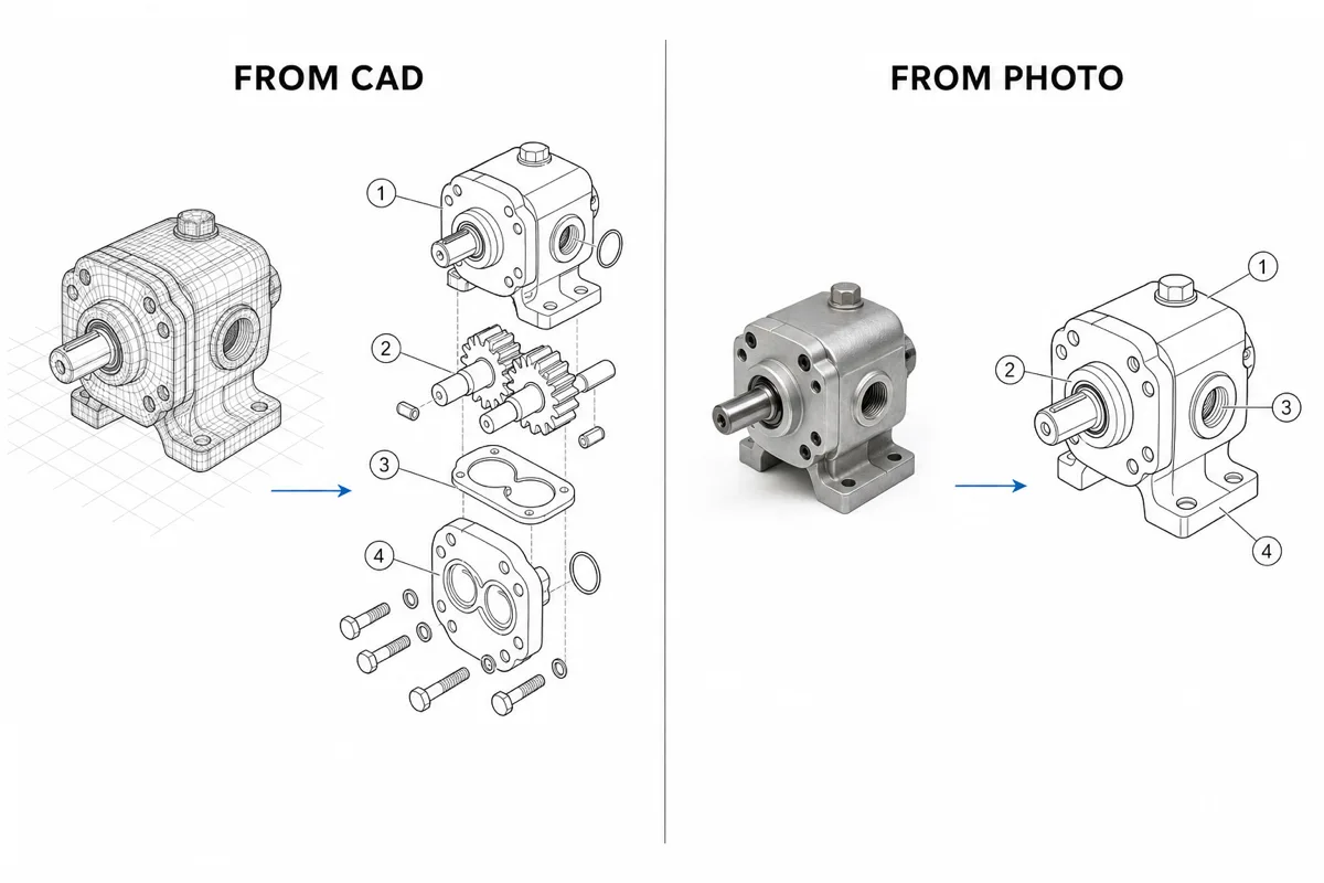 As duas famílias de software de ilustração técnica: vistas explodidas a partir de modelo CAD versus conversão de fotos em desenho de linha