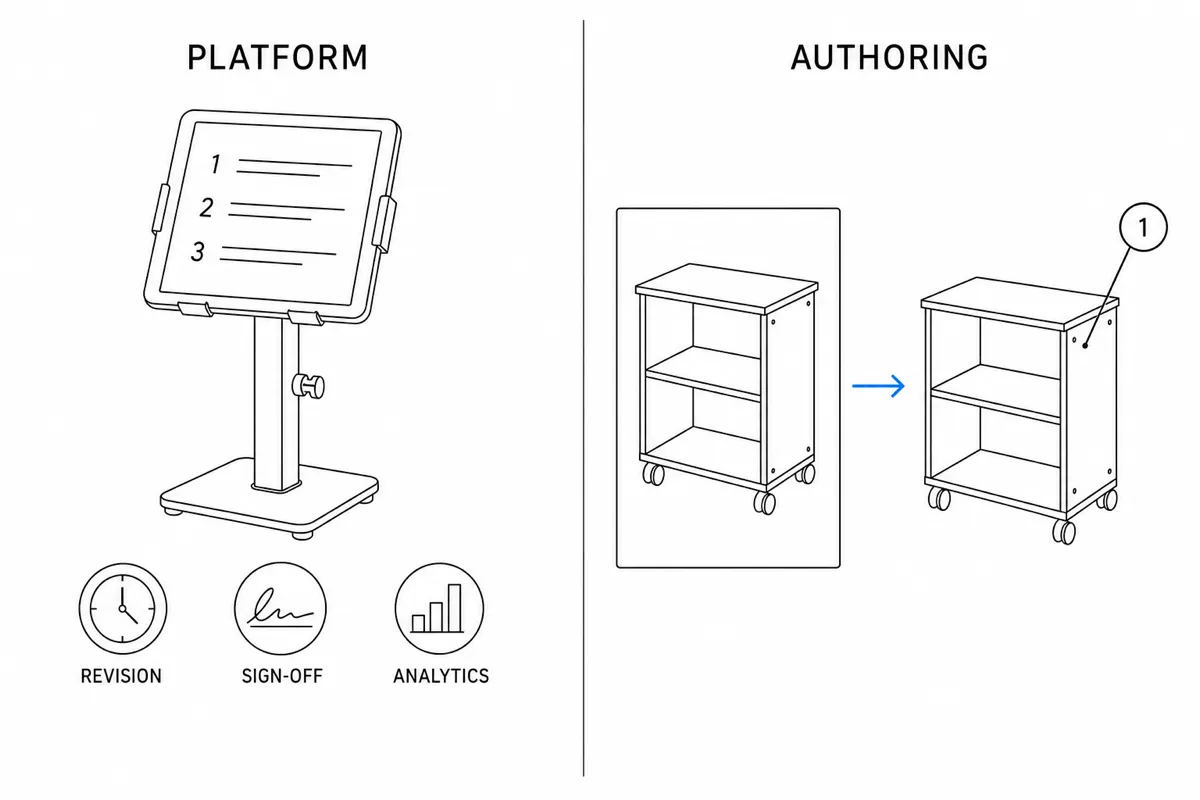 La divisione nei software per istruzioni operative: le piattaforme distribuiscono e controllano le revisioni, gli strumenti di redazione trasformano le foto in figure dei passaggi