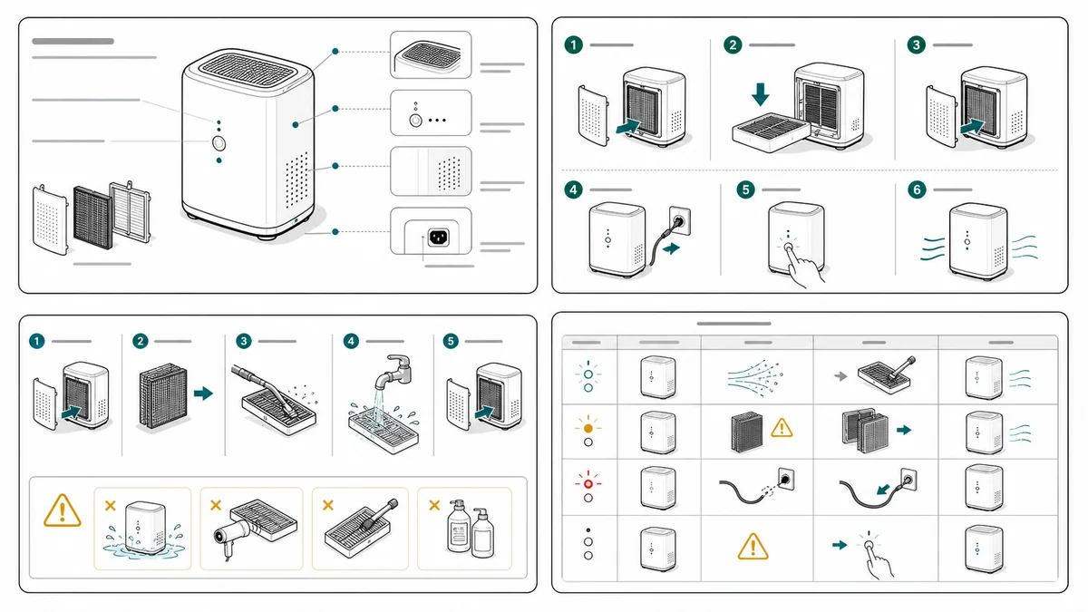 Product manual illustration set example with overview, setup, maintenance, and troubleshooting panels