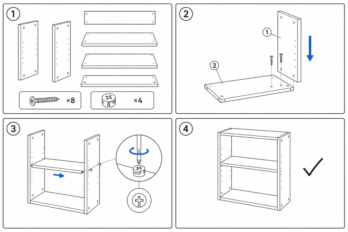 Un foglio di montaggio senza parole in stile IKEA: quattro pannelli numerati dalla disposizione dei pezzi alla libreria finita, senza testo