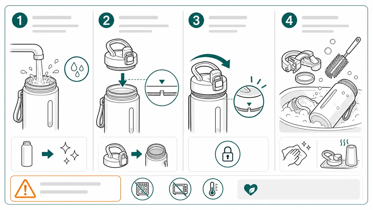 Packaging insert illustration example for reusable product care steps