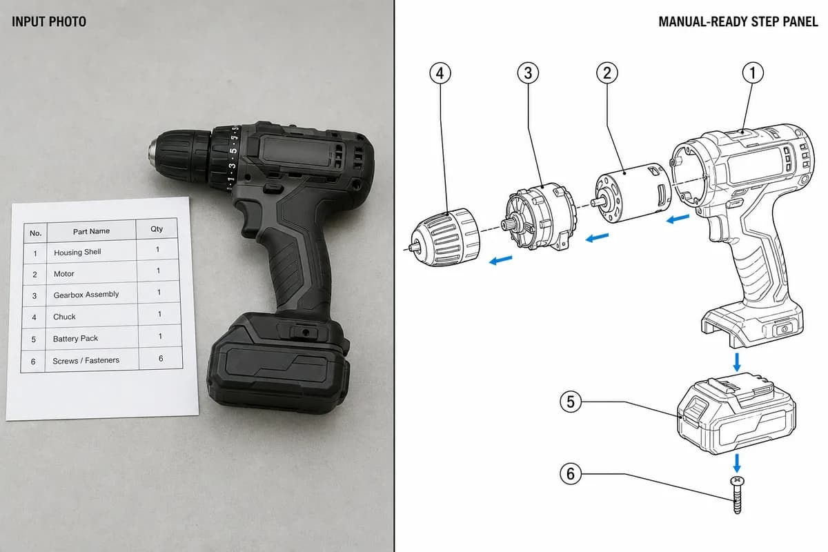 Exploded view with numbered balloons generated from a parts list and a photo of a cordless drill.