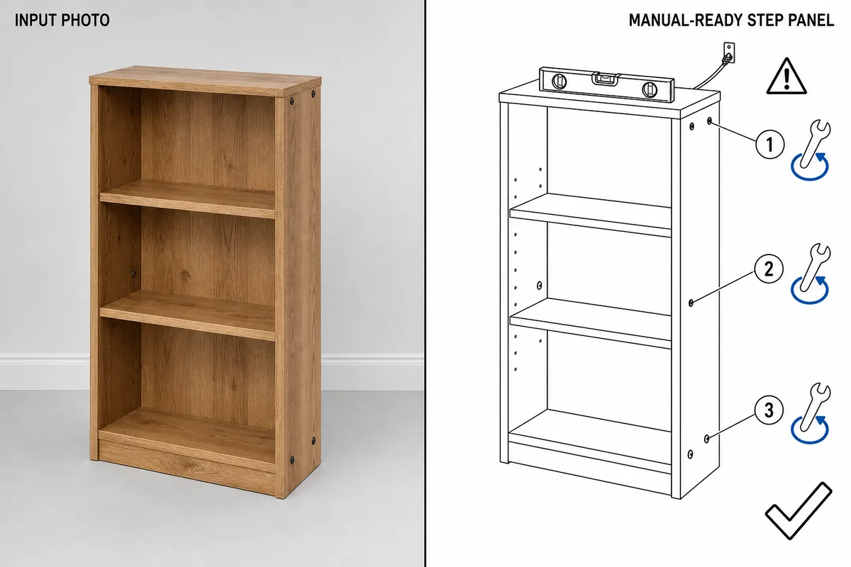 Final check panel generated from a photo of an assembled bookshelf.