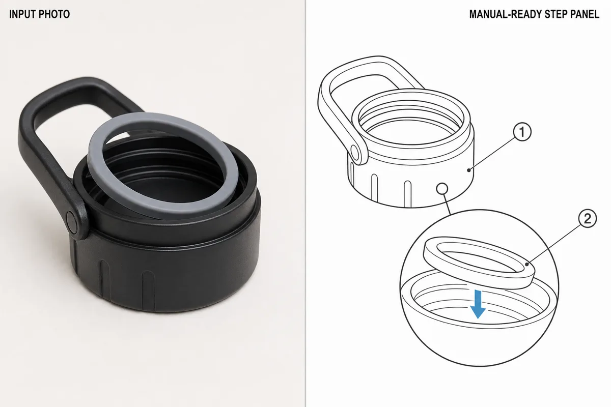 Line drawing with a detail circle generated from a macro photo of a bottle cap seal.