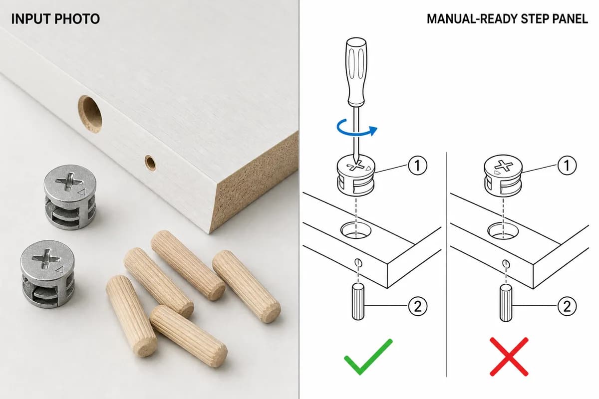 Assembly instruction comparison panel generated from a photo of cam lock hardware.