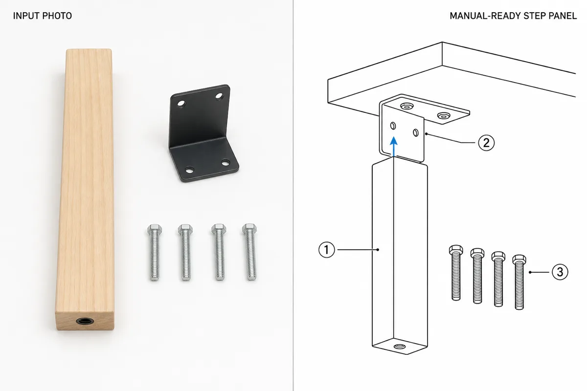 Assembly instructions generated from a photo of a desk leg, bracket, and bolts.