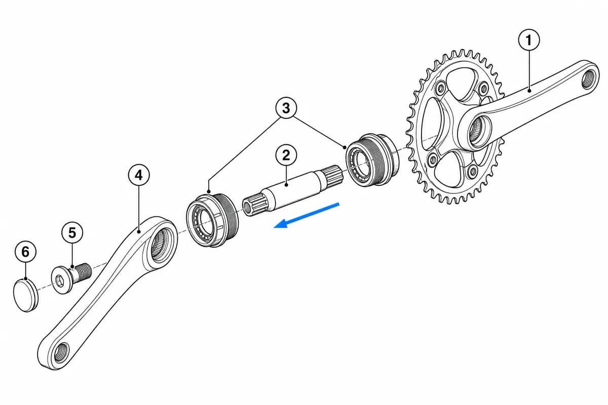 Exploded view line drawing of a bicycle crankset with chainring crank arm, spindle, bearing cups, left crank arm, crank bolt, and dust cap.