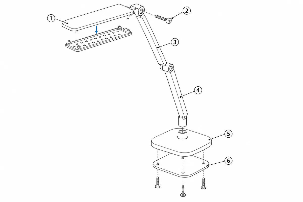 Exploded view line drawing of an LED desk lamp with shade, LED module, hinge screw, two arms, base, and weighted plate.