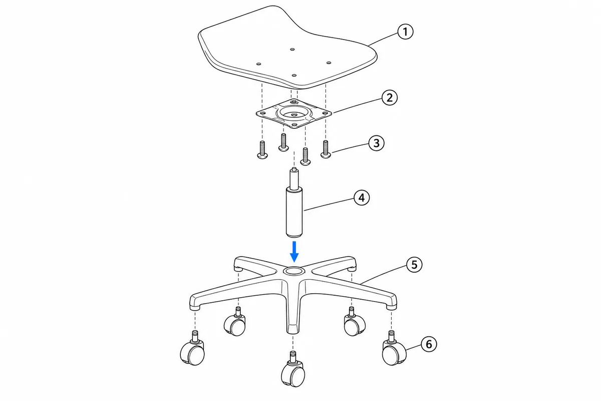 Exploded view line drawing of an office chair base with seat pan, mounting plate, screws, gas lift, five-star base, and casters.