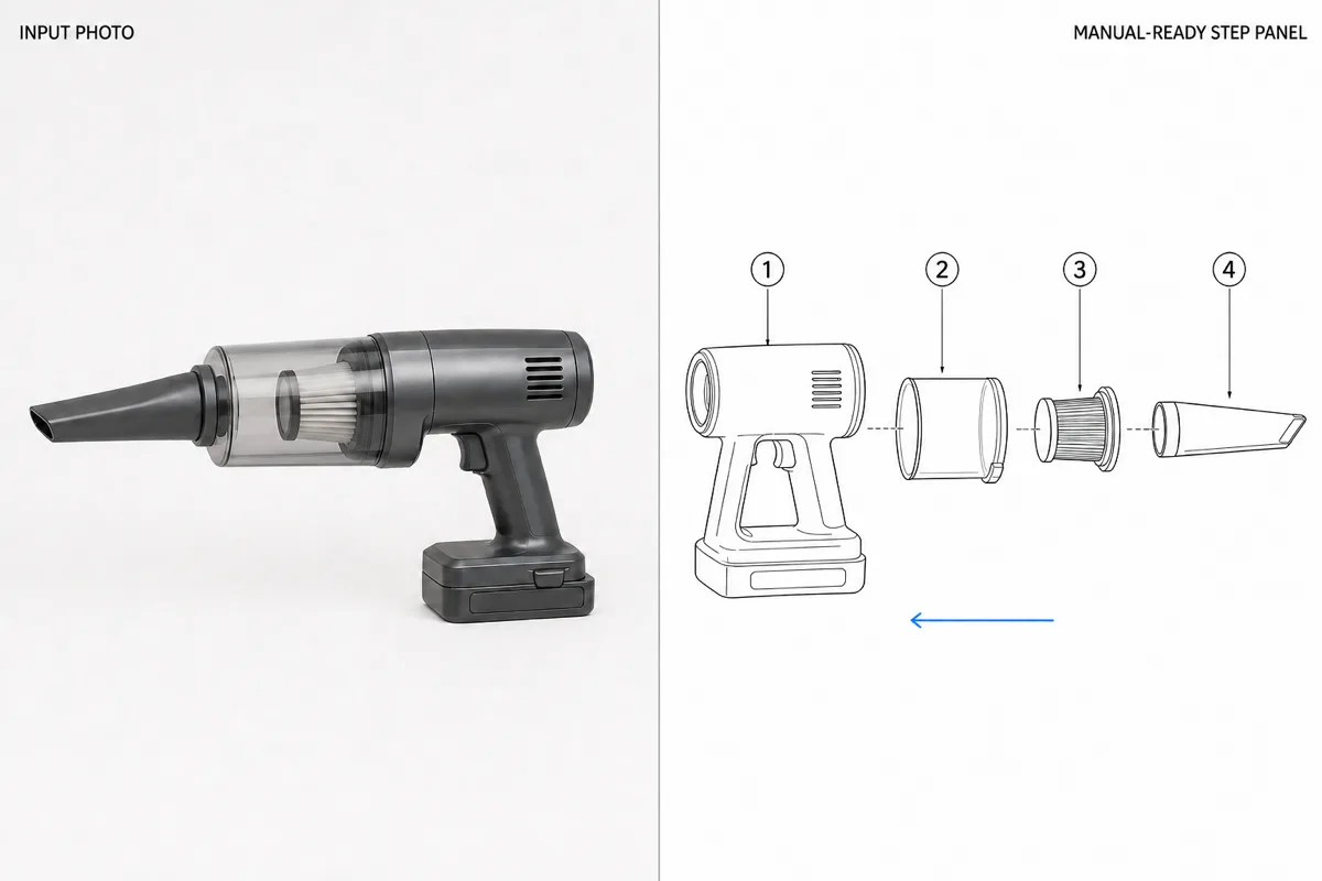 Exploded view line drawing generated from a photo of a handheld vacuum.