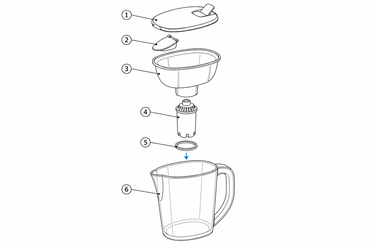 Exploded view line drawing of a water filter pitcher with lid, spout flap, reservoir, filter cartridge, O-ring, and jug.