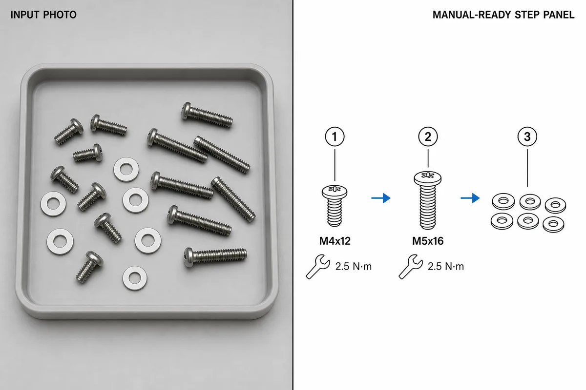 Fastener hardware callout panel generated from a photo of mixed screws and washers.