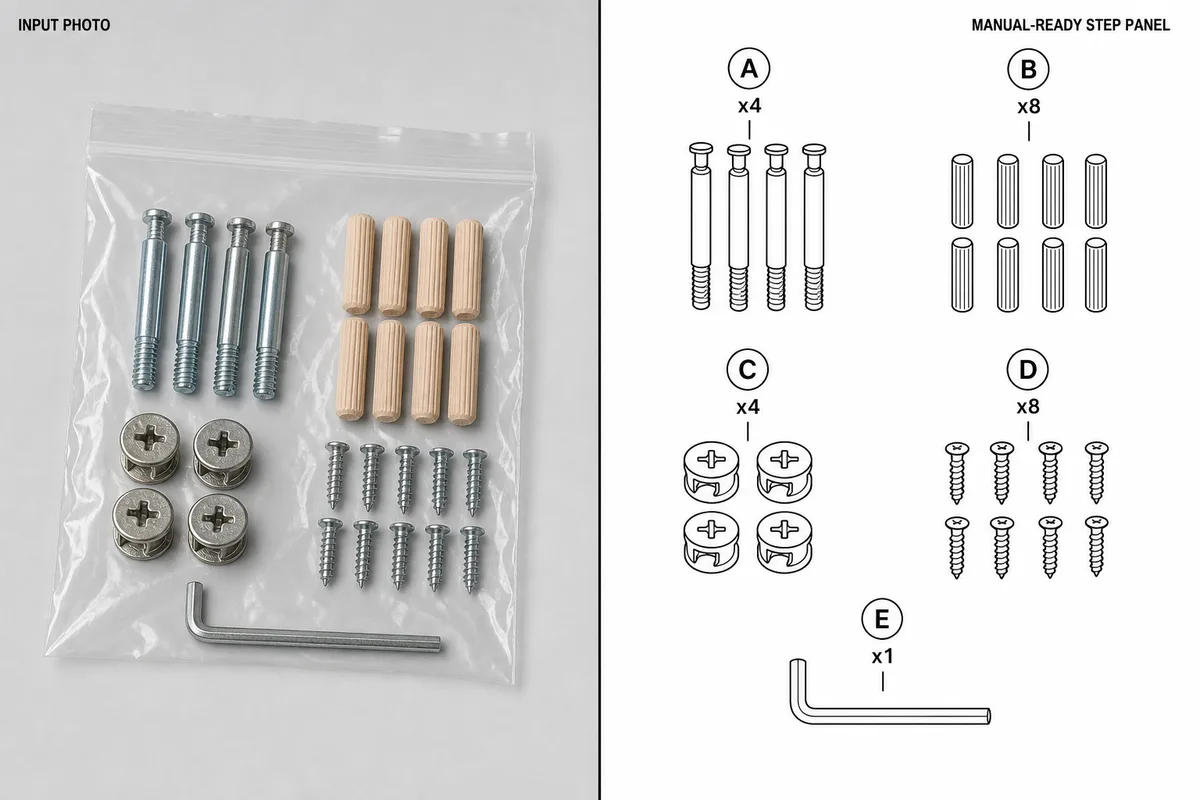 Hardware bag layout panel generated from a photo of a flat-pack fastener bag.
