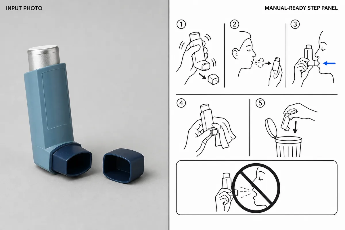 Five-step IFU illustration sequence generated from photos of an inhaler device.