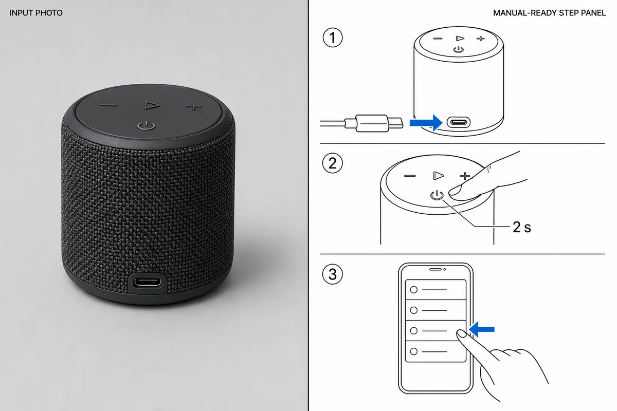 Quick-start manual pictures generated from a photo of a Bluetooth speaker.
