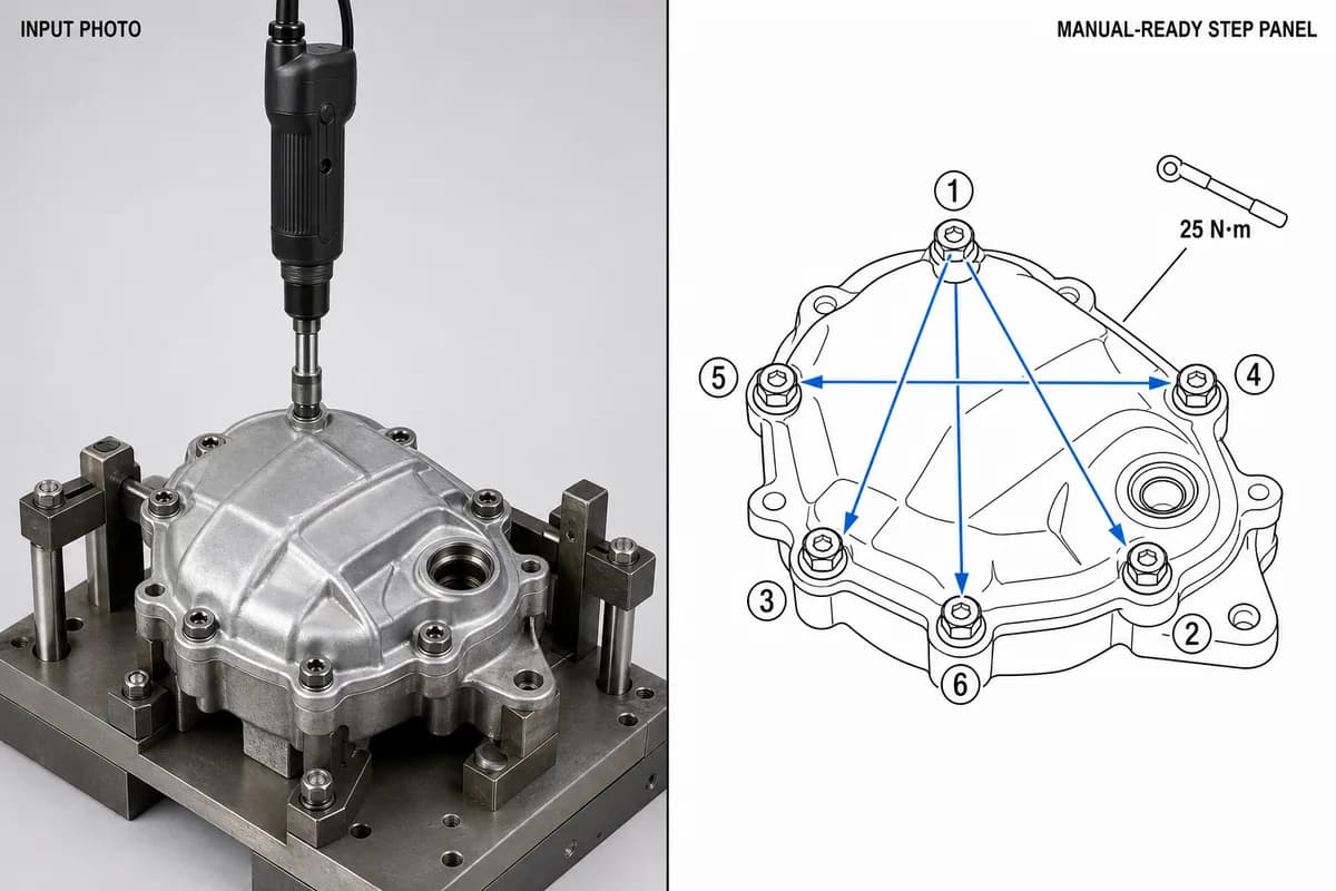 Torque-controlled assembly work instruction generated from a station photo.