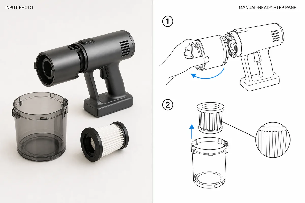 Maintenance manual pictures generated from a photo of a handheld vacuum filter.