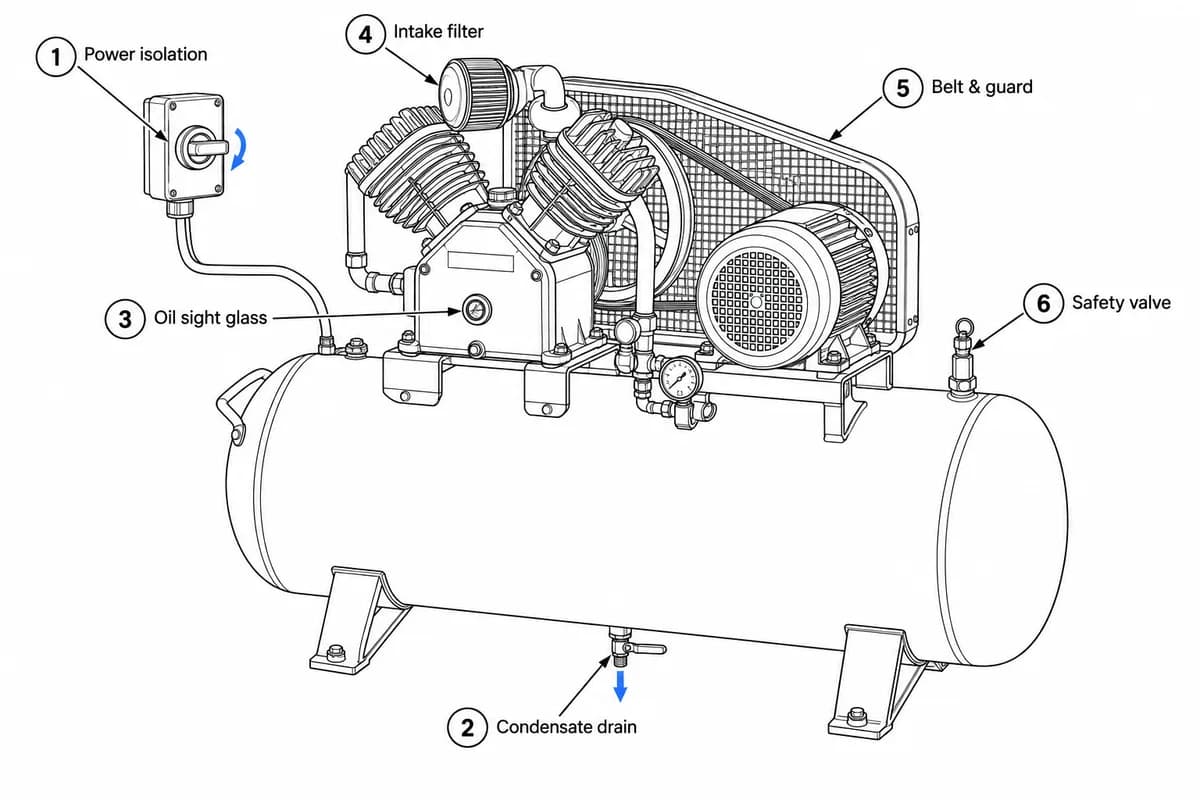 Istruzione di lavoro per la manutenzione del compressore d'aria: Punti di manutenzione: sezionatore, scarico condensa, spia livello olio, filtro di aspirazione, cinghia e carter, valvola di sicurezza