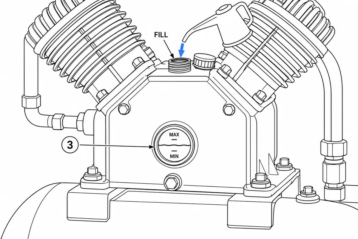 Istruzione di lavoro per la manutenzione del compressore d'aria: Fase 3 — Controllare che l'olio sia tra MIN e MAX