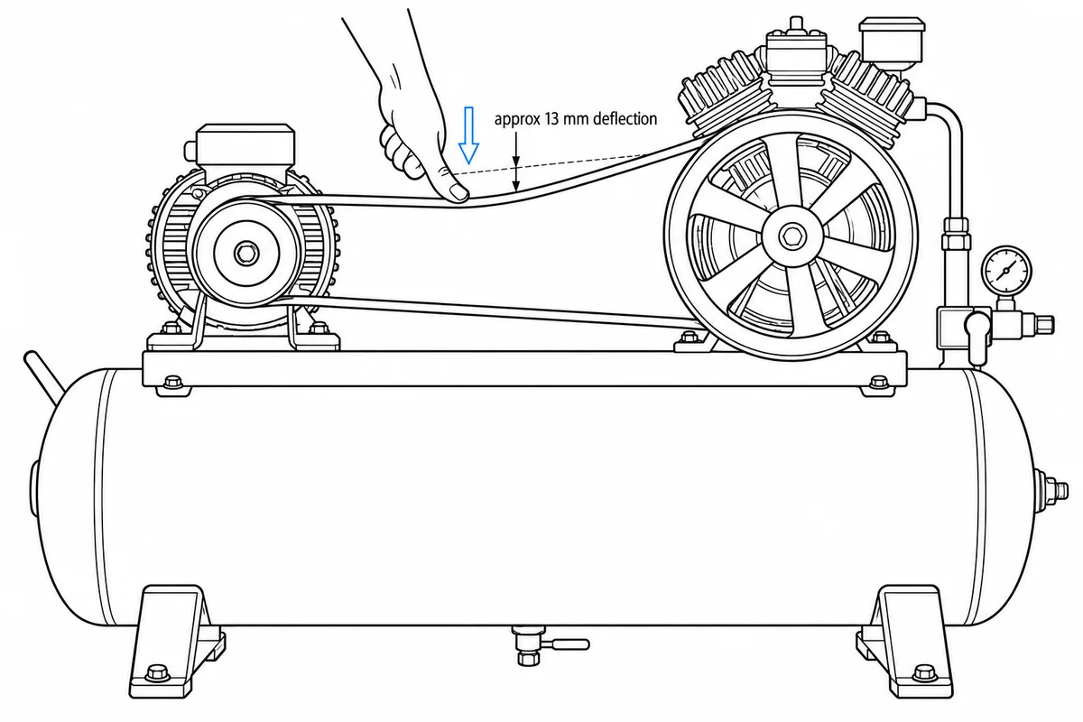 Istruzione di lavoro per la manutenzione del compressore d'aria: Fase 5 — Controllare la freccia della cinghia a metà campata (circa 13 mm)